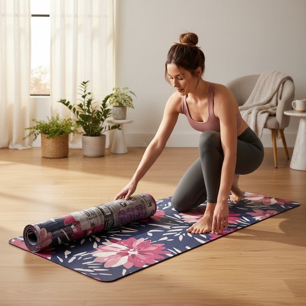 Series-8 Fitness Yoga Mat Unisex OS Navy Floral Brand New 5mm Extra Thick